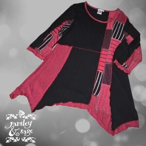 Parsley & Sage Tunic Womens Patchwork Lagenlook Asymmetric Hem Black Red Medium